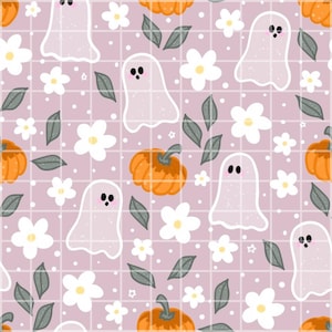 Cute Ghost Pumpkin Seamless Pattern Digital Paper, Halloween Floral Ghost Pattern, Autumn Pumpkin Fabric Print, Spooky Cute Scrapbook Paper