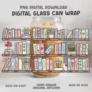 Bookshelf Bookish Digital File 16oz Glass Can Wrap 300 DPI PNG UVDTF Sublimation Printed Vinyl Transparent Wrap Book Case Book Lover