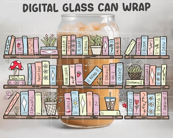 Bookshelf Bookish Digital File 16oz Glass Can Wrap 300 DPI PNG UVDTF Sublimation Printed Vinyl Transparent Wrap Book Case Book Lover
