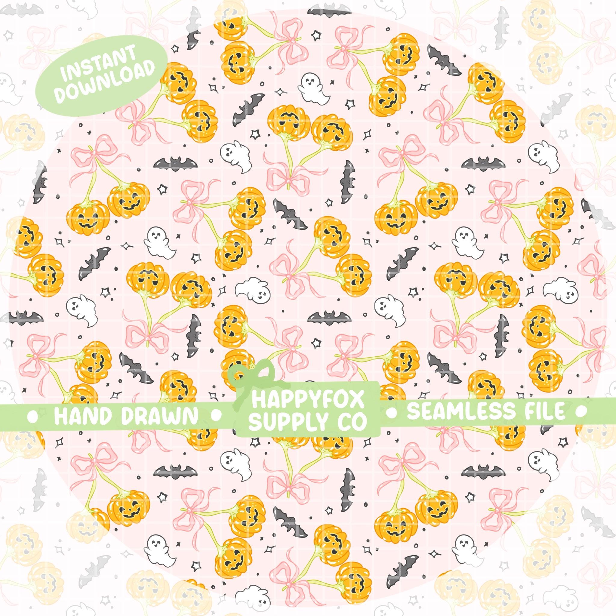 Coquette Pumpkins Halloween Seamless Pattern Hand Drawn PNG Download ...