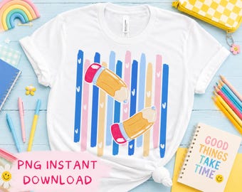Diseño de camiseta de profesora preppy de vuelta al cole en formato PNG con rayas azules y lápices.