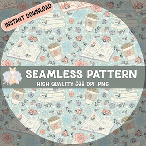 Op de afbeelding: Een naadloos patroon met een lichtblauwe achtergrond met witte hartjes, witte sterren en verschillende bloemen in roze, rood en paars. Het patroon bevat ook stapels boeken, open boeken en kopjes koffie.