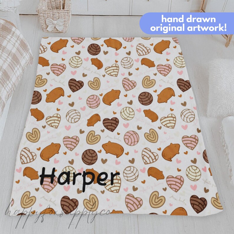 Personalizable Concha Blanket Pan Dulce Throw, Mexican Sweet Bread Blanket, Cafecito y Chisme Gift, Latina Hispanic Gift Custom Name image 2