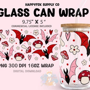 Digital Download 16oz Glass Can Wrap 300 DPI PNG Spooky Bats UVDTF Sublimation Printed Vinyl Transparent Wrap Mushrooms Spooky Valentine