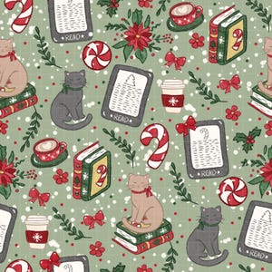 May include: A festive pattern with cats, books, candy canes, coffee cups, and e-readers. The e-readers display a Christmas tree and the word "READ". The design uses red, green, and white on a pale green backdrop.