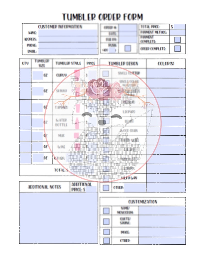 fillableprintableeditable tumbler order form digital etsy