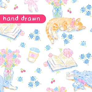 May include: A whimsical pattern featuring a sleeping orange tabby cat with a pink bow, books, bouquets of flowers, coffee cups, and the text "hand drawn" on a pink banner. The design includes blue and pink floral accents and cherries.