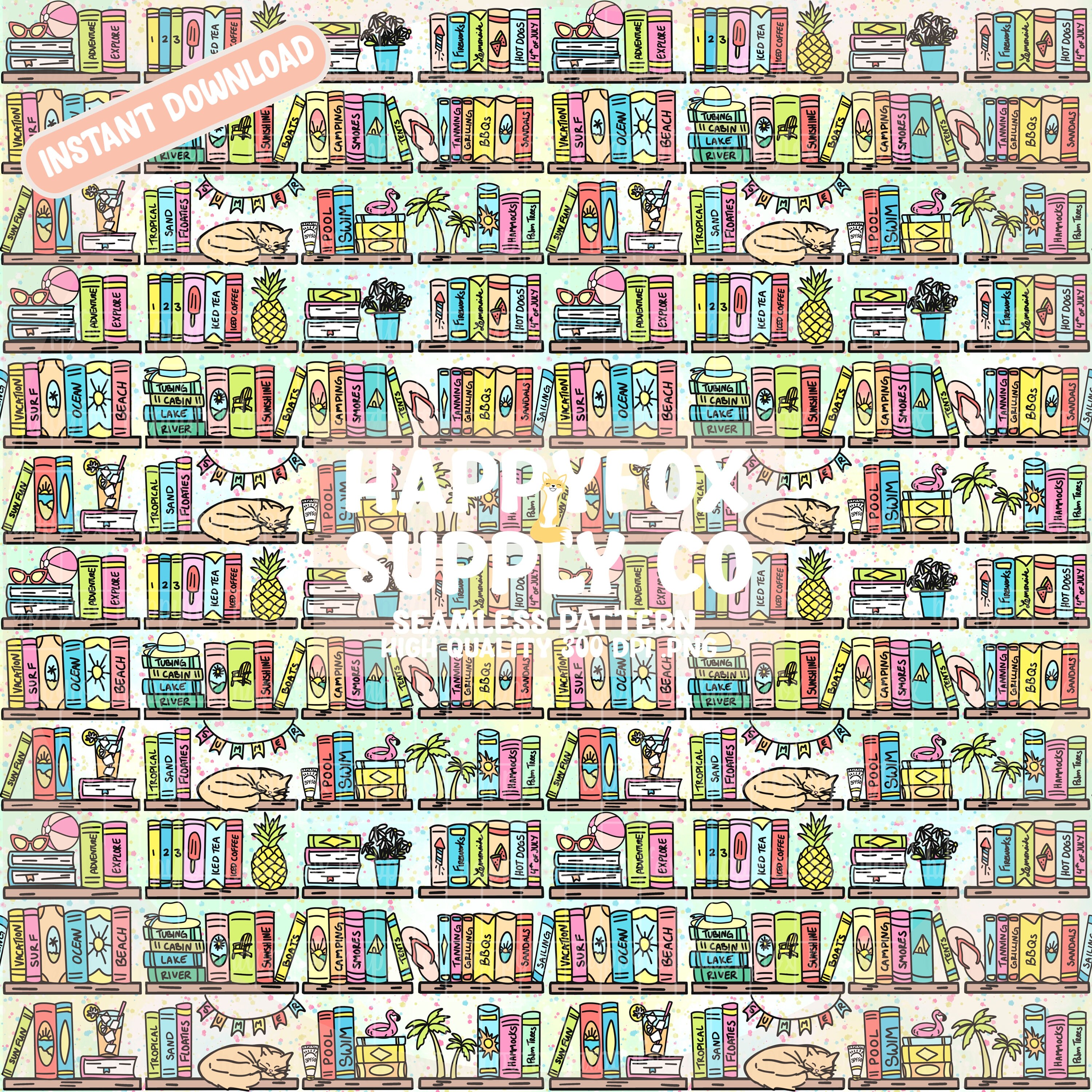 Summer Bookshelf Seamless Pattern 300 DPI PNG Download for Digital ...