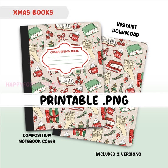 Printable Composition Notebook Cover PNG Back To School Personal Notebook Custom Junk Journal Kids Workbook Cozy Winter Bookish Digital Art