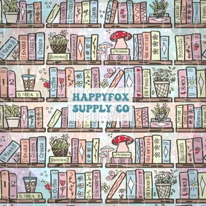 Cottagecore-boekenplank naadloos patroon 300 DPI PNG-download voor digitaal papier Vinylstof Surface Design Bookish Book Lover Mushrooms Frog
