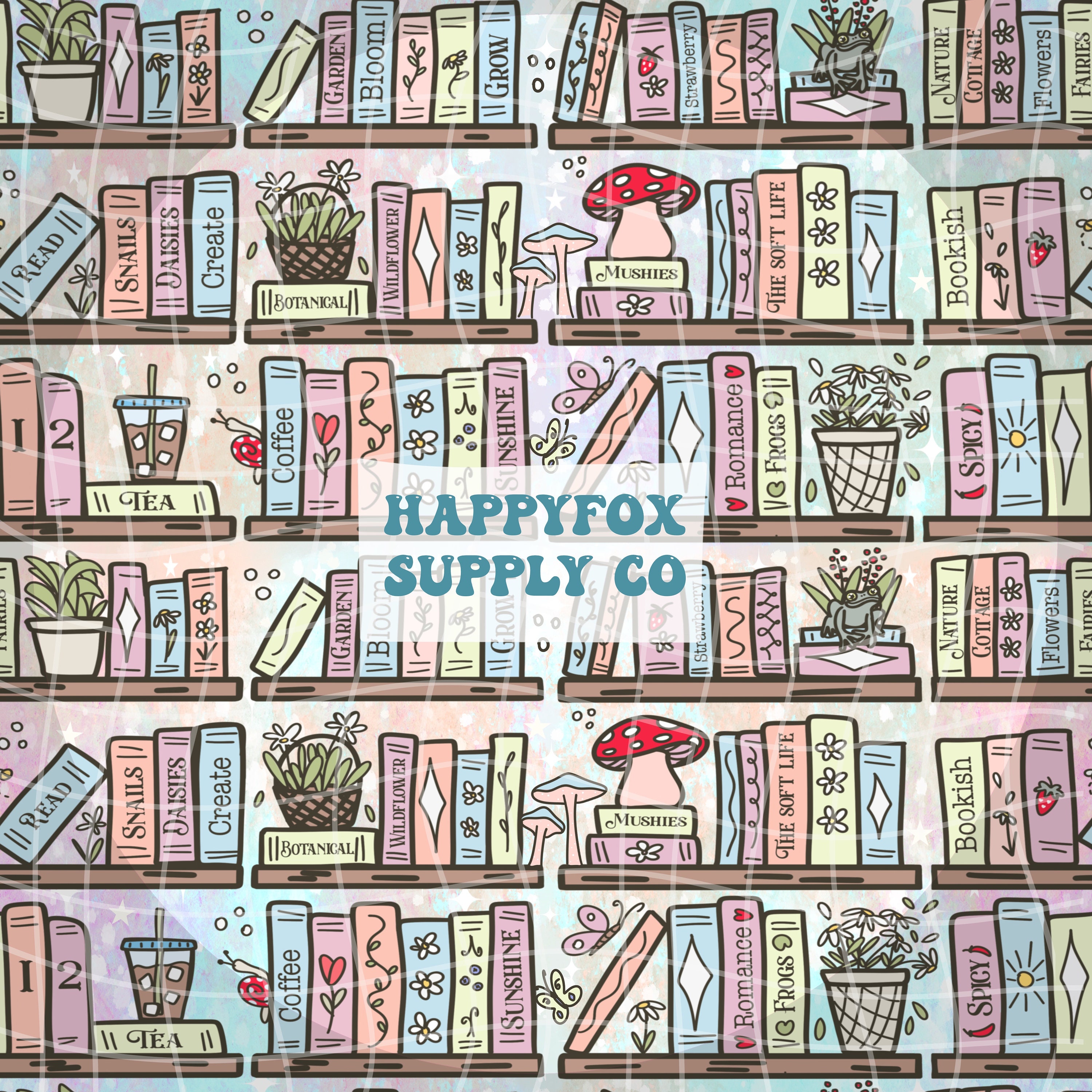 Cottagecore Bookshelf Seamless Pattern 300 DPI PNG Download for Digital Papers Vinyl Fabric Surface Design Bookish Book Lover Mushrooms Frog