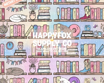 Diseño de estantería pop sin costuras, 300 DPI PNG, descarga para papeles digitales, vinilo, tela, diseño de superficie, amantes de los libros (PNG)