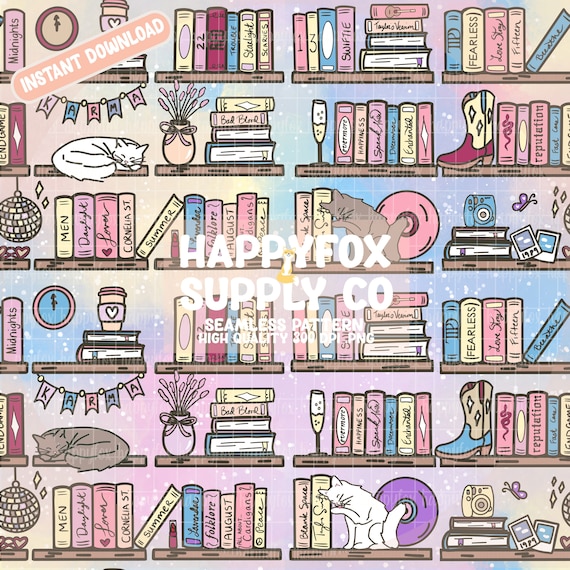 Pop Bookshelf Seamless Pattern 300 DPI PNG Download for Digital Papers Vinyl Fabric Surface Design Bookish Book Lovers PNG
