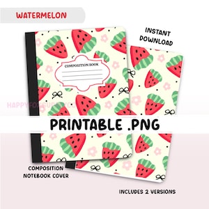 Könnte beinhalten: Eine Notizbuchhülle und ein passendes Design mit einem sich wiederholenden Muster aus Wassermelonenscheiben auf cremefarbenem Hintergrund. Die Notizbuchhülle trägt den Text "COMPOSITION BOOK". Das Bild enthält auch den Text "WATERMELON", "PRINTABLE .PNG", "INSTANT DOWNLOAD" und "INCLUDES 2 VERSIONS".