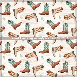 Cowgirl Boots Seamless Pattern 300 DPI PNG Digital Papers Vinyl Fabric Surface Design Western Desert Girly Rodeo Turquoise Cowboy