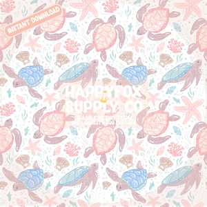 May include: Seamless pattern featuring pastel pink, blue, and green sea turtles, starfish, seashells, and coral on a white background. The pattern is perfect for fabric, wallpaper, or digital projects.