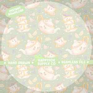 Puede incluir: Patrón sin costuras con tazas de té, teteras, fresas y rodajas de limón en tonos pastel. El diseño incluye el texto "Instant Download", "Hand Drawn", "HappyFox Supply Co" y "Seamless File".