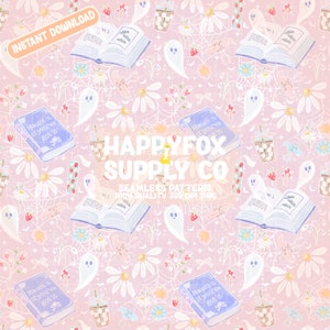 Spooky Spring Coffee & Books Naadloos Patroon 300 DPI PNG Instant Download voor Digitale Papers Vinyl Fabric Surface Design Madeliefjes Bookish