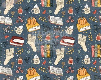 Bookish Kürbisse Halloween Musterdesign 300 DPI PNG Sofortiger Download Digitale Papiere Vinyl Stoff Oberflächendesign Herbst Herbst Gänseblümchen Datei