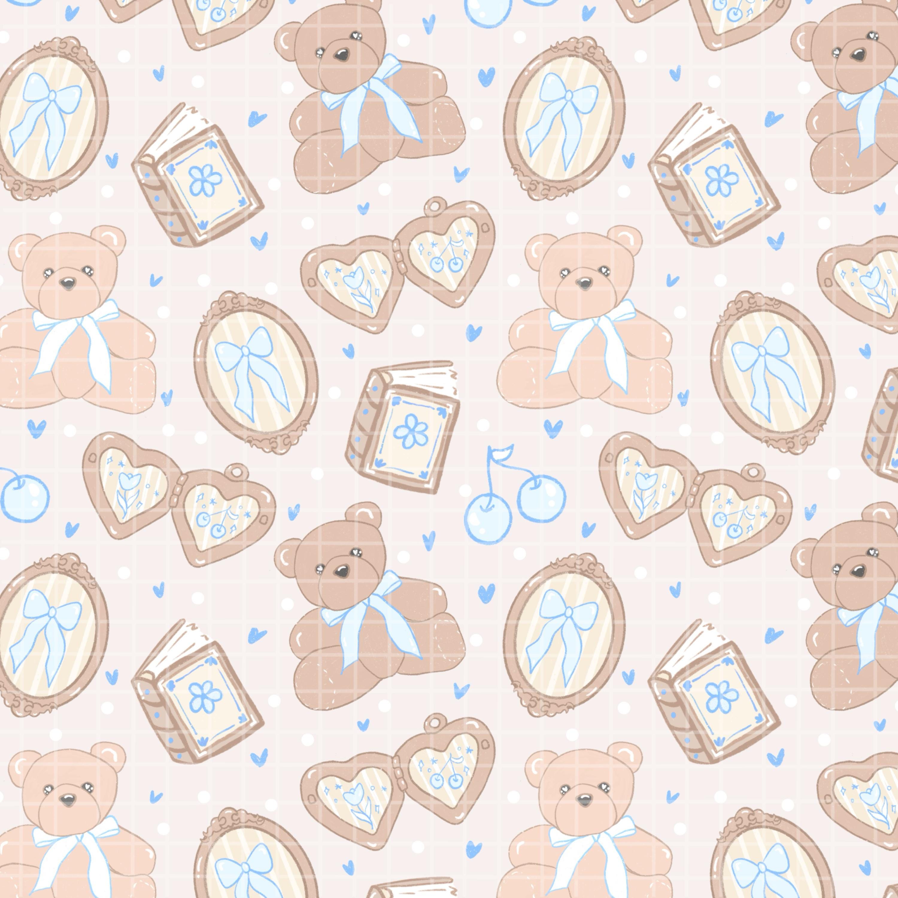 Bow Teddy Bears Vintage Seamless Pattern PNG Digital Paper Vinyl Fabric ...