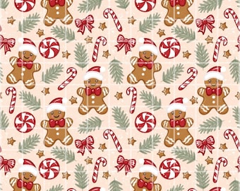 Gingerbread Christmas Seamless Pattern Digital Paper, Gingerbread Man Pattern, Candy Cane Holiday Fabric Print, Christmas Scrapbook Paper