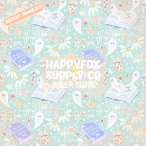 Spooky Spring Coffee & Books Naadloos Patroon 300 DPI PNG Instant Download voor Digitale Papers Vinyl Fabric Surface Design Madeliefjes Bookish