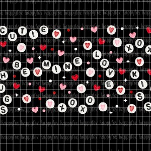 May include: A black background with white circles containing letters that spell out "Cutie Pie", "Be Mine", "Hugs", "Love", and "Kiss". There are also red and pink hearts scattered throughout the image.