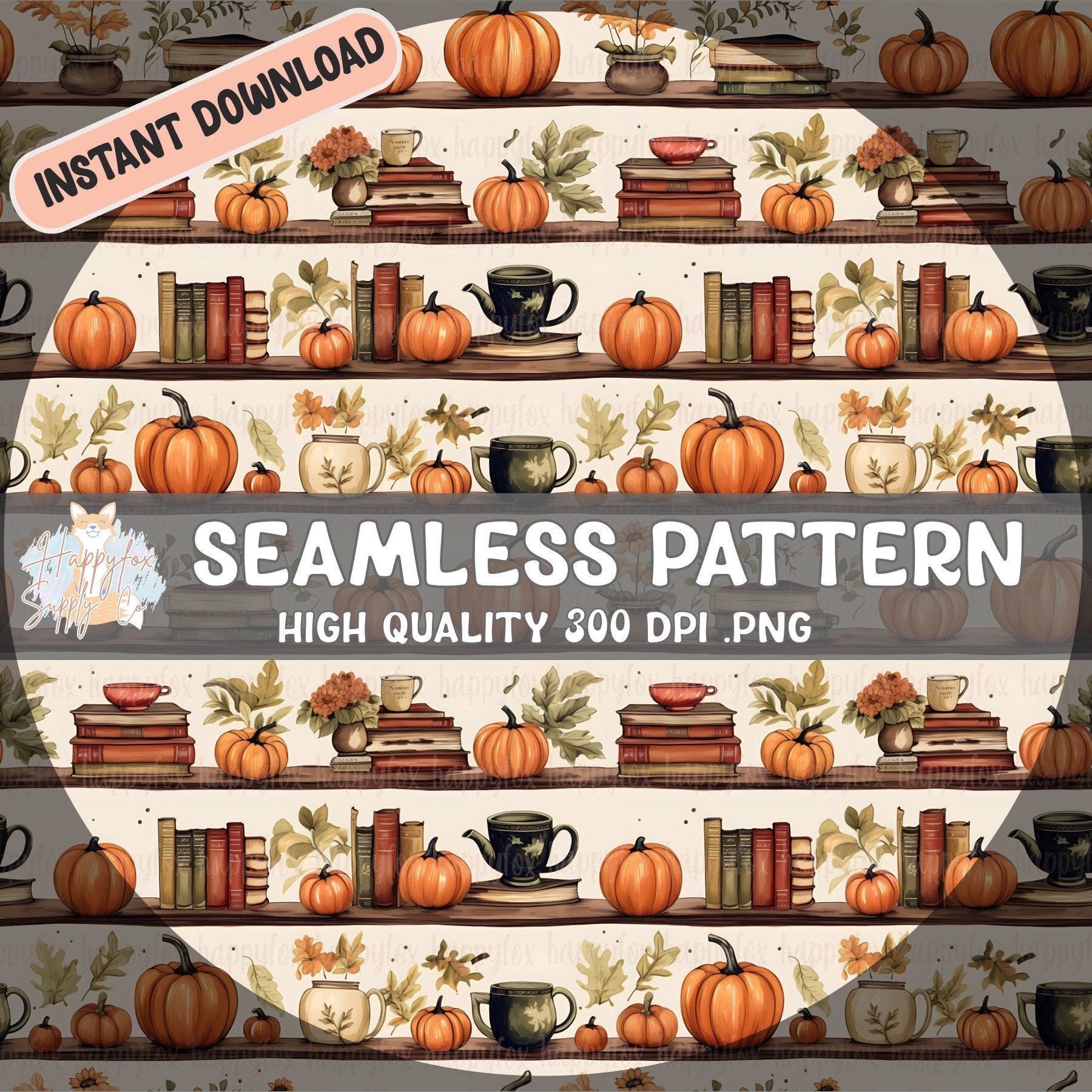 Pumpkin Book Shelves Seamless Pattern 300 DPI .PNG Instant Download for Digital Papers, Vinyl, Fabric Surface Design, 12"x12" Size