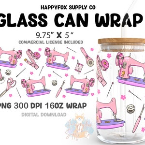 Digital Download 16oz Glass Can Wrap 300 DPI .PNG Sewing Machines UVDTF Sublimation Printed Vinyl Transparent 16oz Wrap Seamstress Sewer