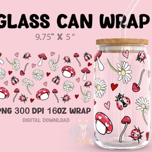 Digital Download 16oz Glass Can Wrap 300 DPI .PNG Love Bugs UVDTF Sublimation Printed Vinyl Transparent 16oz Wrap Lady Bugs Mushrooms