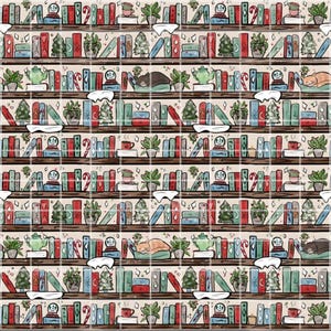 Christmas Bookshelf Seamless Pattern Digital Paper, Cozy Holiday Library Pattern, Winter Book Lover Fabric Print, Christmas Scrapbook Paper