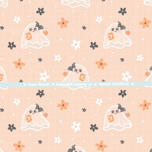 Op de afbeelding: Een herhalend patroon met cartoongeesten met vleermuisvleugels, die een drankje vasthouden en omringd zijn door bloemen. De achtergrond is perzikkleurig met een rasterpatroon. De tekst "hand drawn", "happyfox supply co" en "instant download" is aanwezig.