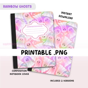 Könnte beinhalten: Zwei Notizbuchumschläge mit einem Regenbogen-Geister-Design. Die Umschläge zeigen lächelnde Geister in Pastellfarben mit dem Text "RAINBOW GHOSTS" und "PRINTABLE .PNG". Ein Umschlag hat ein Etikett mit der Aufschrift "COMPOSITION BOOK".