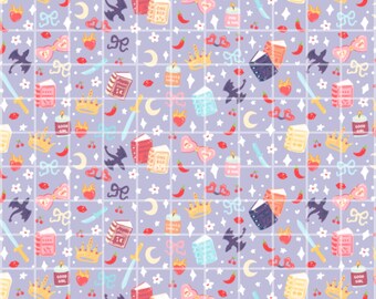 Papel digital con estampado sin costuras de romance fantástico, diseño de dragones, espadas y libros, estampado de tela con estética literaria.