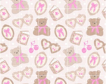 Teddy Bear Seamless Pattern Digital Paper, Coquette Bear Pattern, Pink Bow Teddy Fabric Print, Cute Vintage Toy Scrapbook Paper