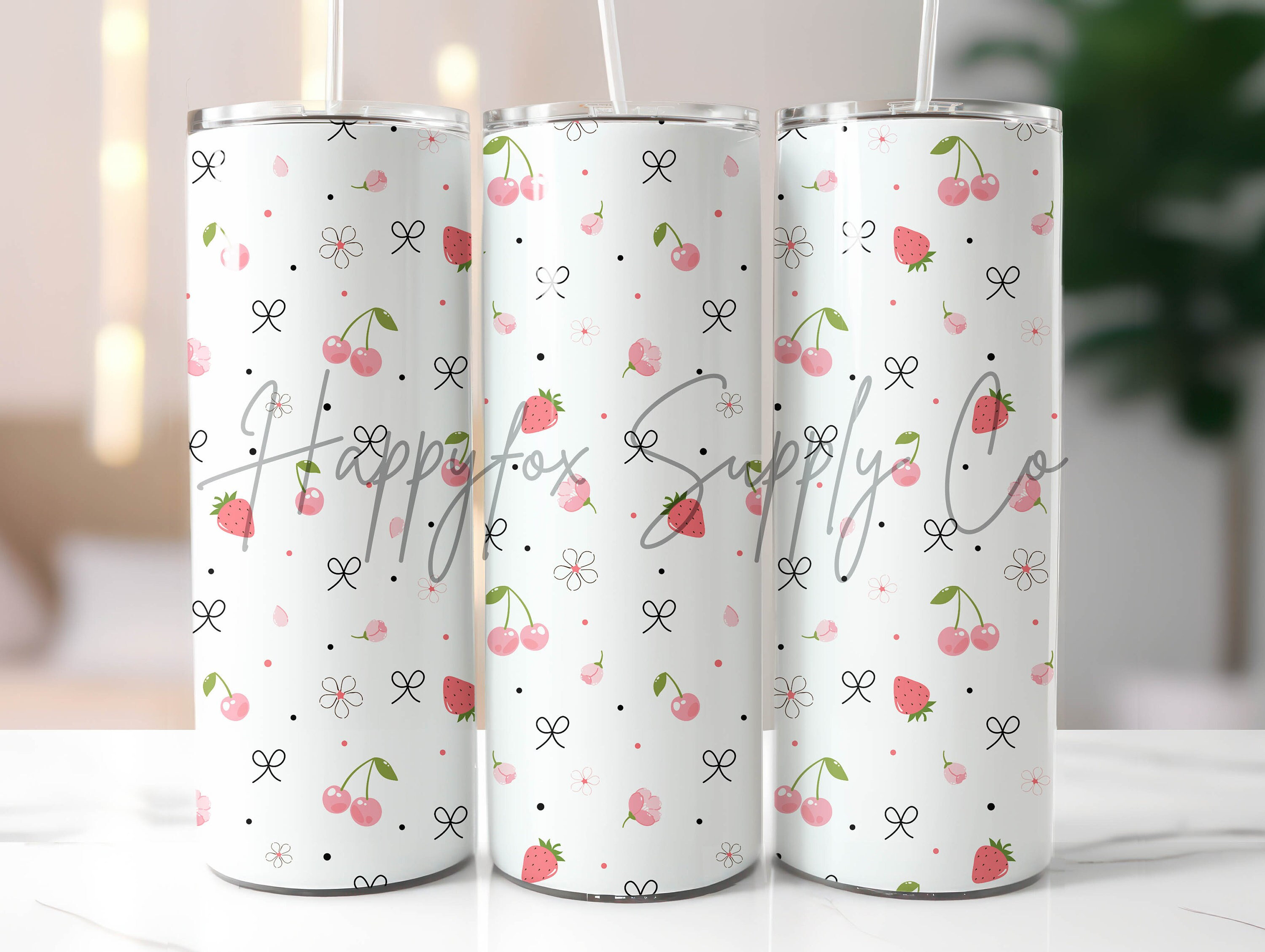 Coquette Tumbler Wrap 300 DPI Seamless File 20oz Skinny Tumbler Template png digital download girly strawberries soft girl balletcore bows