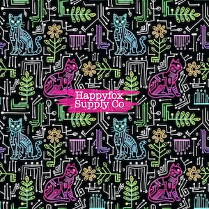 May include: A seamless pattern featuring neon green, pink, and blue cats with glowing eyes on a black background. The cats are stylized with circuit board designs and are surrounded by geometric shapes and lines. The text "Happyfox Supply Co" is written in white on a pink background.