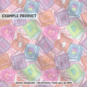May include: A repeating pattern of pastel-coloured books with Halloween-themed illustrations. The books feature images of spiders, ghosts, and witch hats. The text "EXAMPLE PRODUCT" is at the top, and "DIGITAL DOWNLOAD - NO PHYSICAL ITEMS WILL BE SENT" is at the bottom.