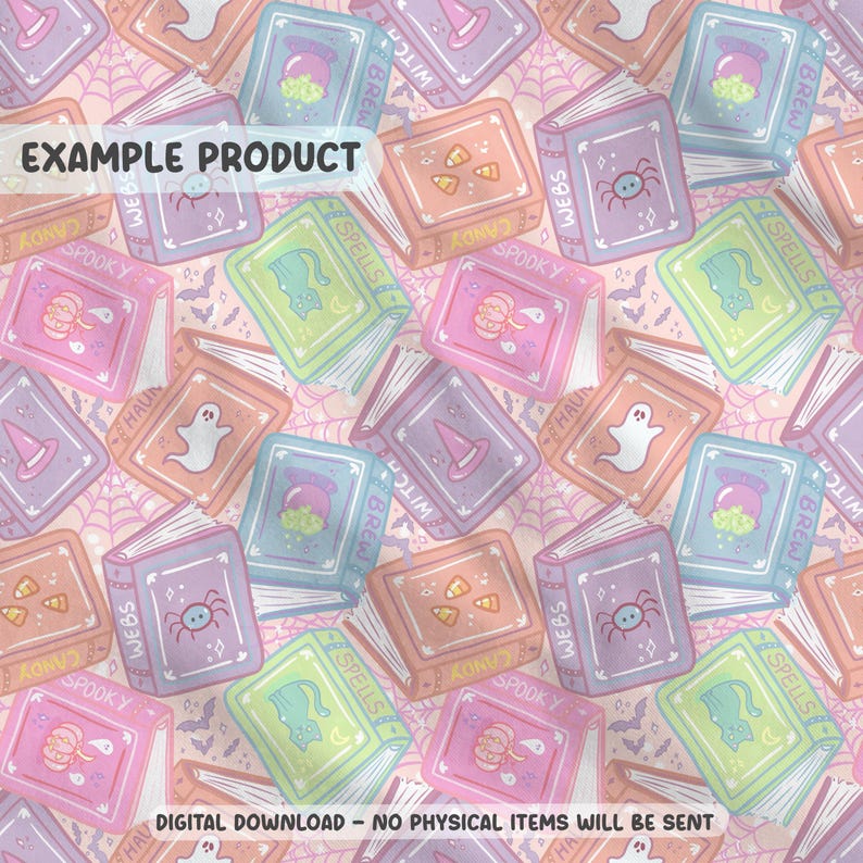 May include: A repeating pattern of pastel-coloured books with Halloween-themed illustrations. The books feature images of spiders, ghosts, and witch hats. The text "EXAMPLE PRODUCT" is at the top, and "DIGITAL DOWNLOAD - NO PHYSICAL ITEMS WILL BE SENT" is at the bottom.