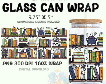 Halloween Bookshelf Bookish Digital File 16oz Glass Can Wrap 300 DPI PNG UVDTF Sublimation Printed Vinyl Transparent Wrap Book Case Spooky