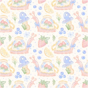 Teacup Snails Cottagecore strawberry lemons Seamless Pattern Digital Papers Vinyl Fabric Surface Design Fruit Pattern junk journal tea png