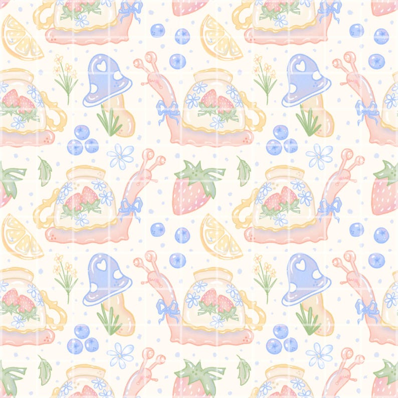 Teacup Snails Cottagecore strawberry lemons Seamless Pattern Digital Papers Vinyl Fabric Surface Design Fruit Pattern junk journal tea png
