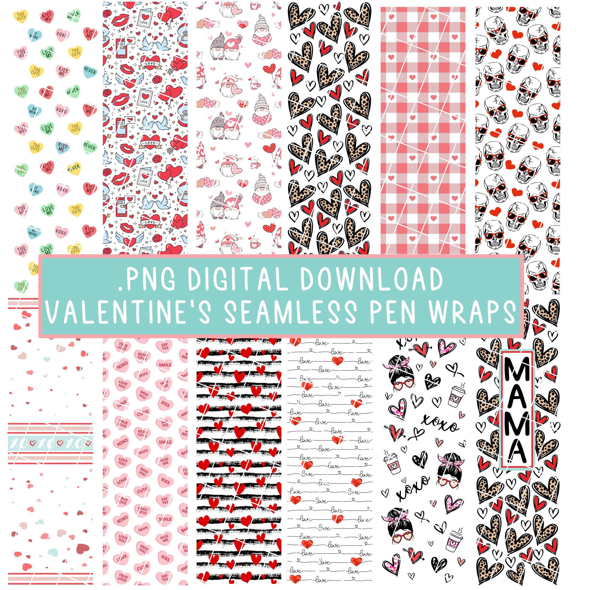 12 Pack Valentine's Day Digital Pen Wrap | High Quality | Seamless | Custom Pen Digital Template | Epoxy Resin Pens | Waterslide | Printable