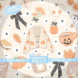 Bookish Fall Halloween Hygge Seamless Pattern PNG Digital Paper Vinyl ...