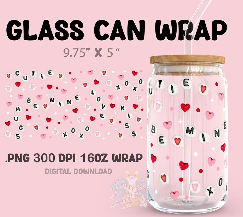 May include: A glass can wrap with a pink background and white polka dots. The wrap features red hearts and white letters spelling out "cutie", "be mine", "love", "hugs", and "kiss". The can is 9.75 inches by 5 inches.