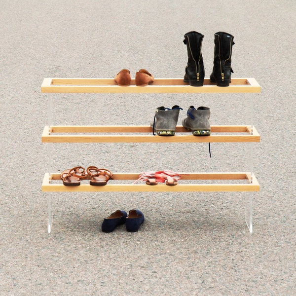 FLOAT 3F shoe rack handmade from solid wood / acrylic glass / blackened steel / natural oil