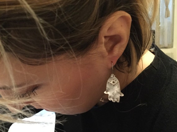 Orecchini Argento 925 Hamsa Mano Di Fatima Portafortuna Occhio Handmade Unique