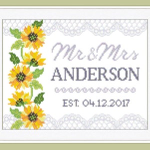 Digital file: Wedding Sunflowers Cross Stitch Patterns Mr&Mrs Wedding Gift Instant download PDF, printable easy modern xstitch customizable