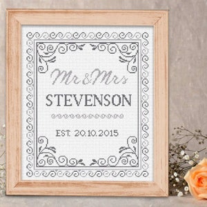 Digatal file (pdf) Mr&Mrs Wedding Cross Stitch Pattern/ Personalised Wedding Sampler/ Wedding pattern/ modern cross stitch pattern