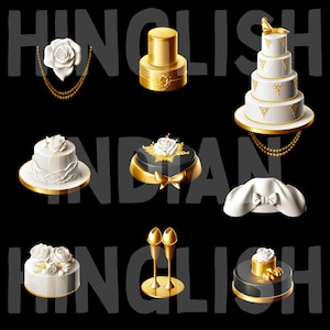 Conjunto de ícones 3D com tema de casamento elegante, estética dourada – perfeito para decoração e convites de noiva, dourado chique, preto e branco. Pacote de 9 PNG.